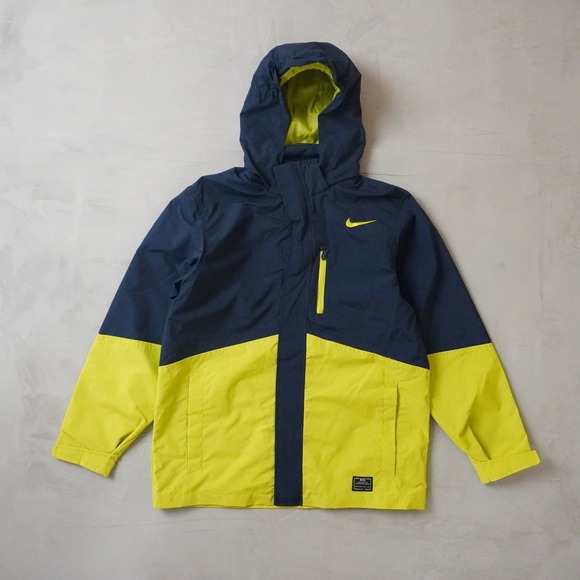Nike Other - Nike Mens Hooded Windbreaker Jacket Navy Blue Neon Yellow Colorblock Size Large